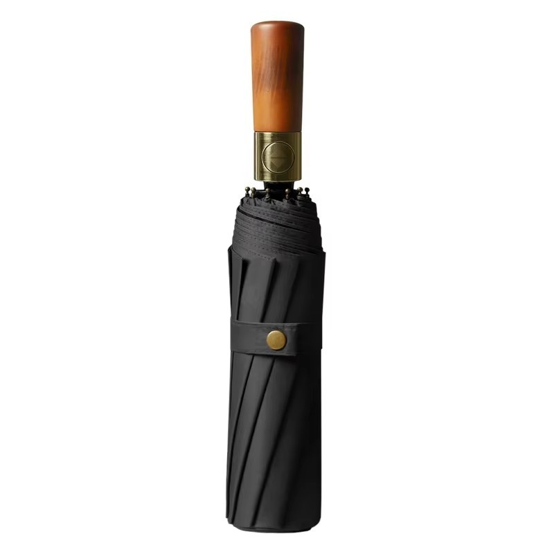 10-Rib Auto 3-Fold Umbrella, Solid Wood Handle, Black Coating UV Protection