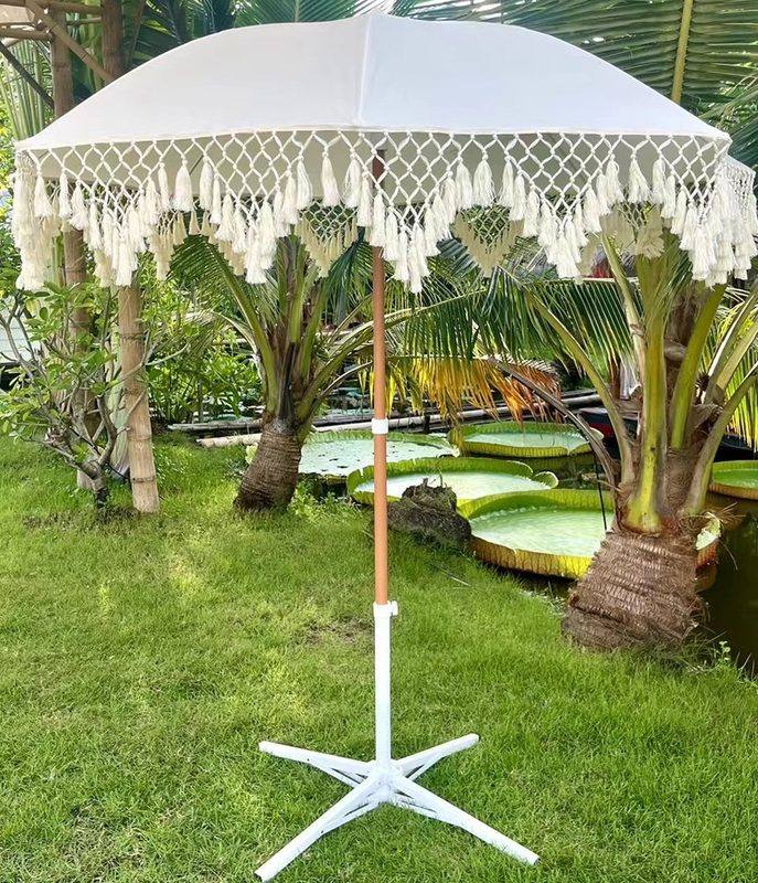 200cm Macrame Fringe Beach Umbrella with Tilt Pole