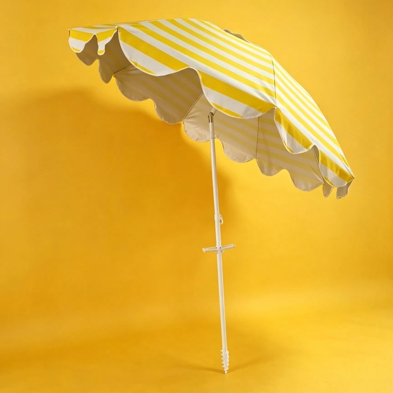 220cm Yellow Striped Beach Umbrella with Tilt and Scalloped Edge