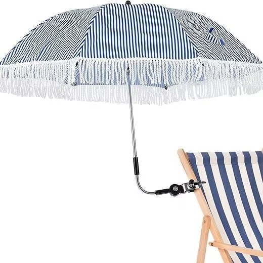 23‑inch Blue‑White Striped Manual Clamp Beach Umbrella, Tassels, Adult UV‑Protection