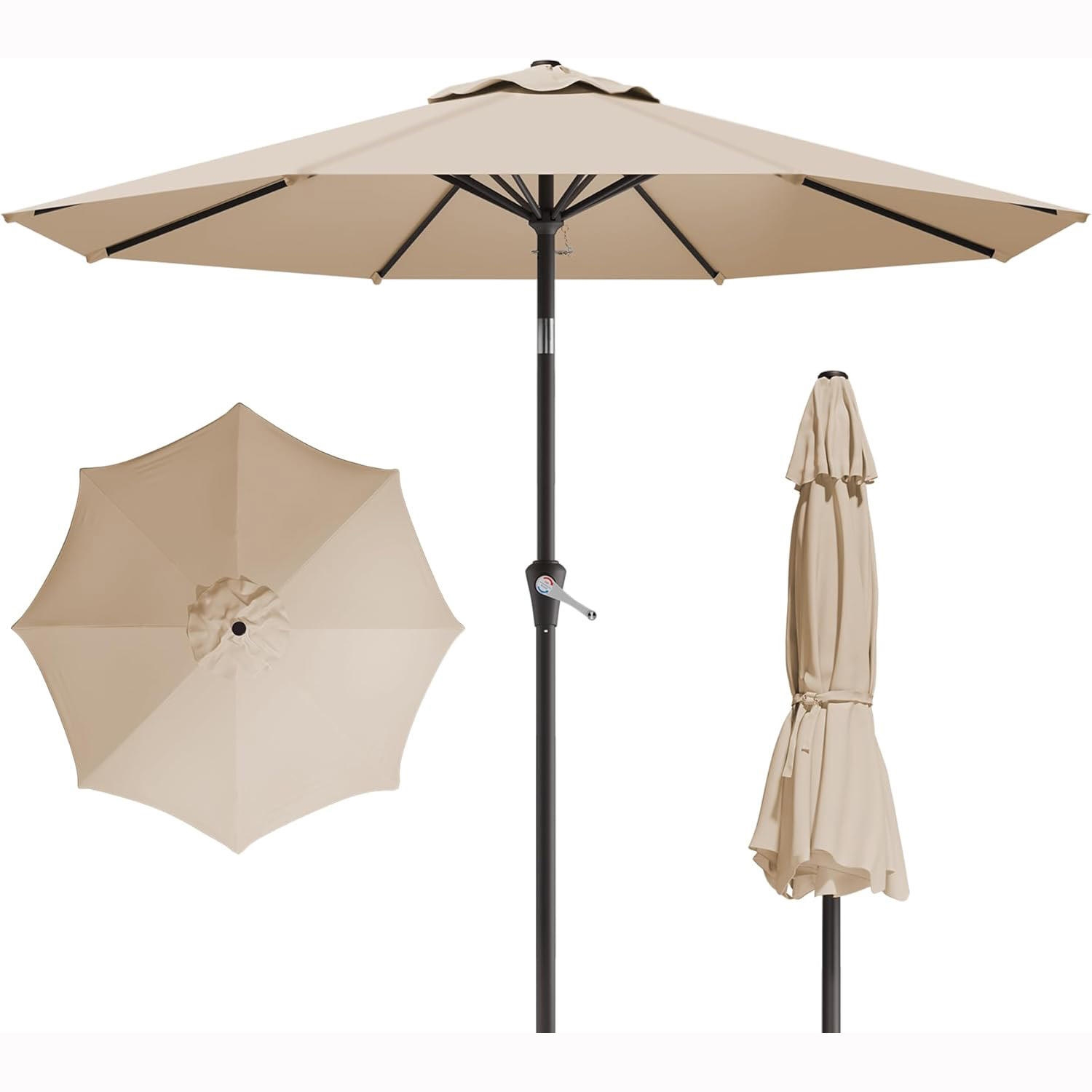 9FT Vented Patio Market Umbrella with Push-Button Tilt, Crank Lift and 8 Reinforced Ribs