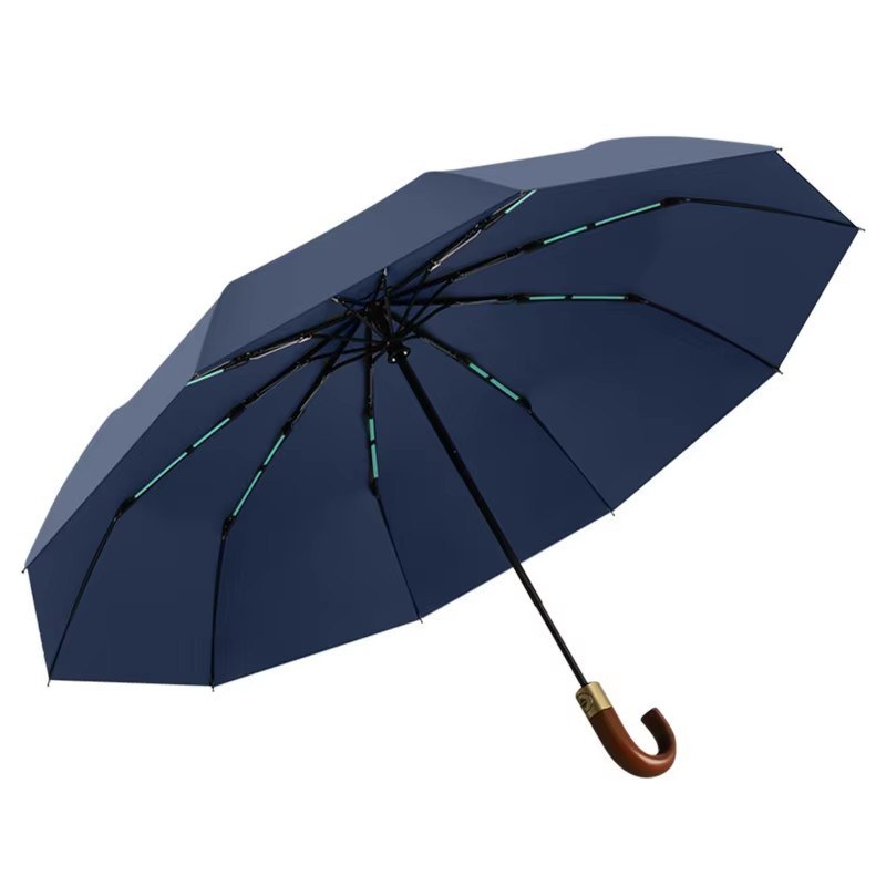 Curved Handle Solid Wood 3-Section Auto Open Folding Parasol, Doctor Strange Logo Business Gift