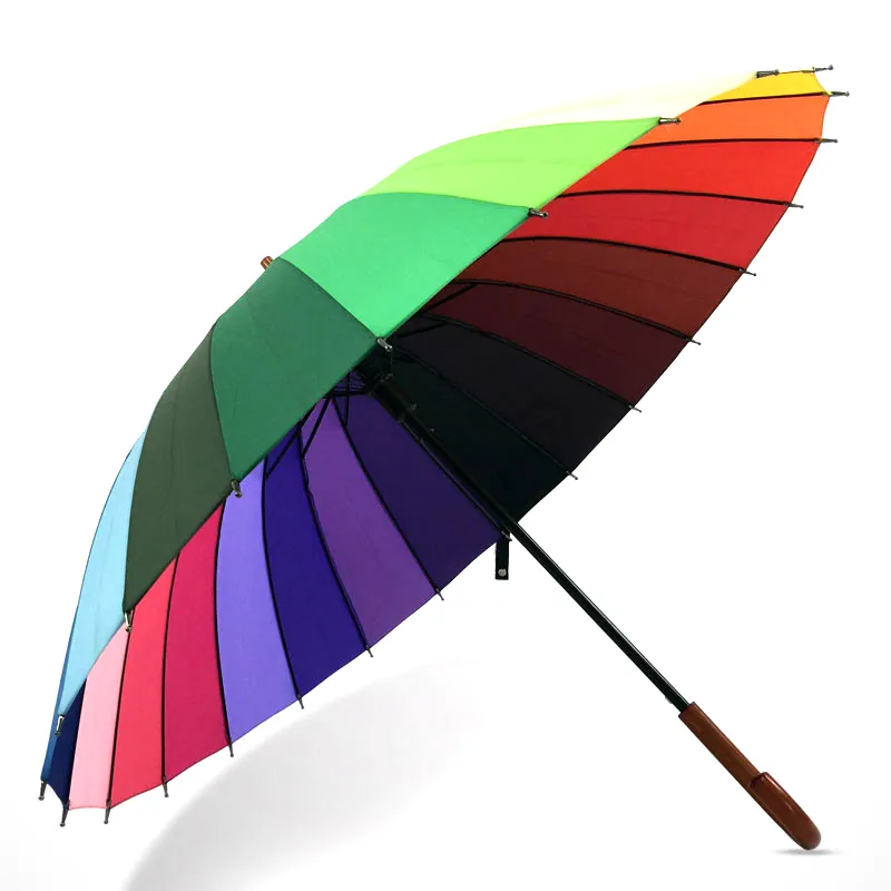 Custom 25–29 Inch 24-Rib Rainbow Straight Umbrella with Wood Handle