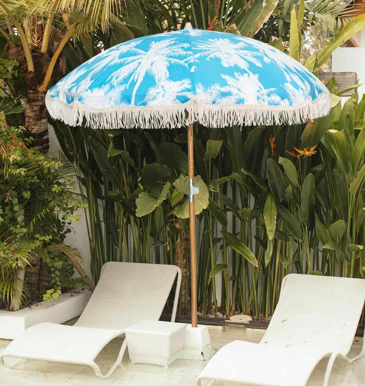 Custom 6.5ft Palm-Print Fringe Beach Umbrella with Wooden Pole