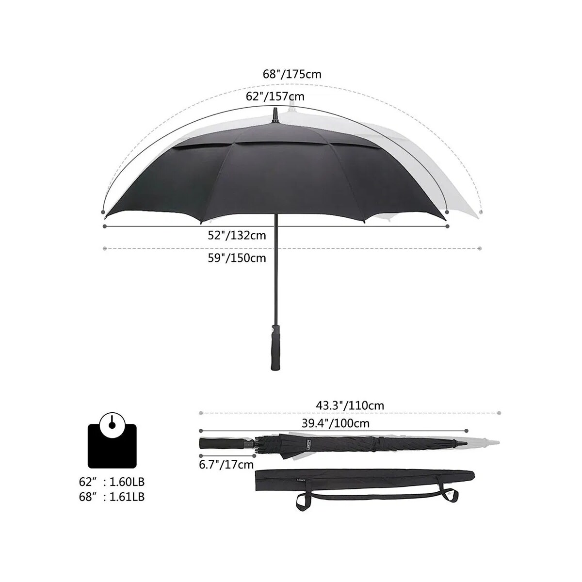 Custom 62/68-Inch Double-Canopy Automatic Golf Umbrella