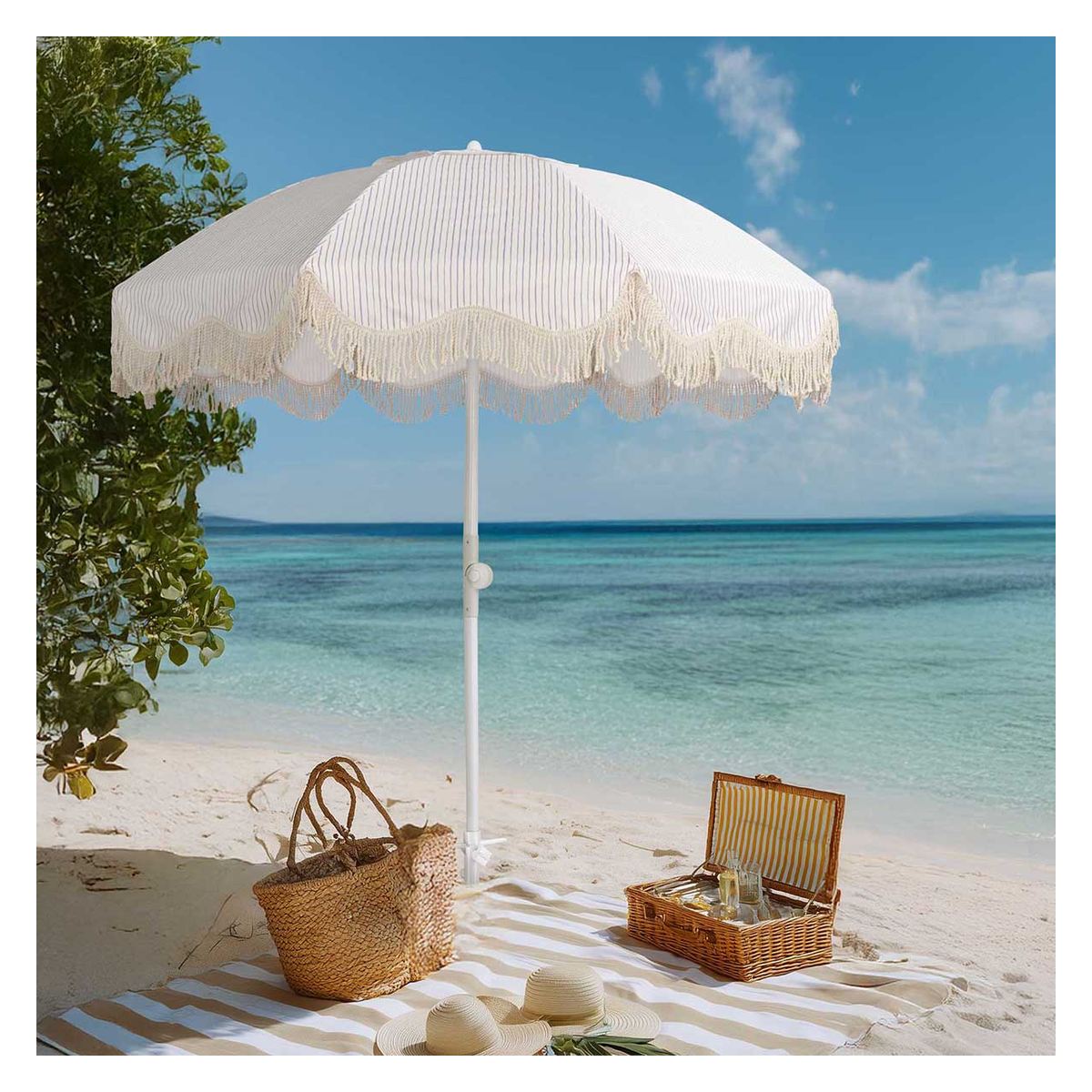 Custom 6FT Fringe Beach Umbrella with Five-Spiral Sand Anchor