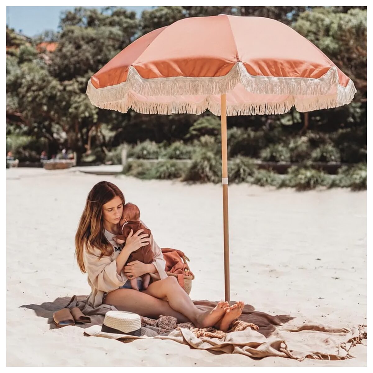 Custom 6FT Fringe Patio Umbrella with Wooden Pole
