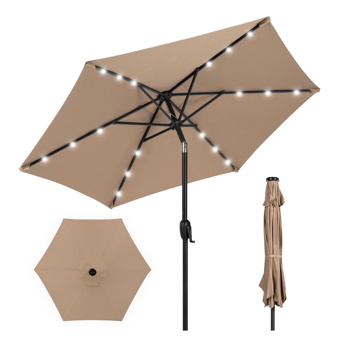 Custom 7.5 ft Solar LED Patio Umbrella with Crank Lift and Push-Button Tilt