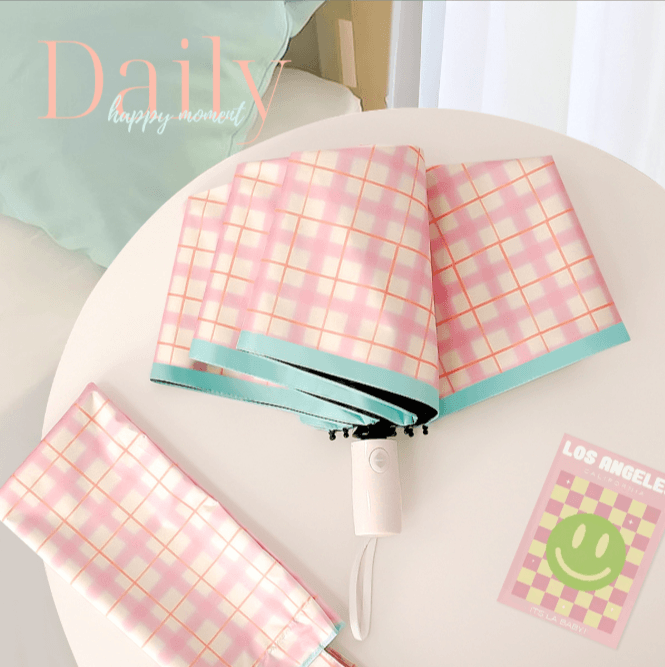 Cute Pink Plaid Auto Open Folding Umbrella