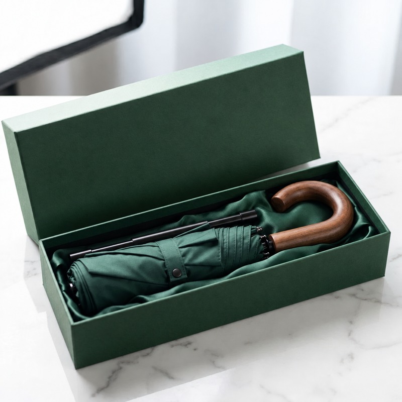 Forest Green Folding Umbrella with Wooden J Handle and Gift Box Option