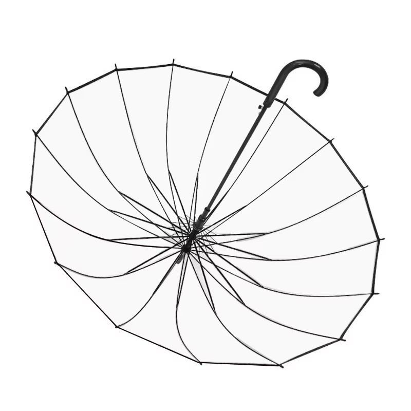 Fresh-style 16-rib Transparent Long-handle Rain Umbrella