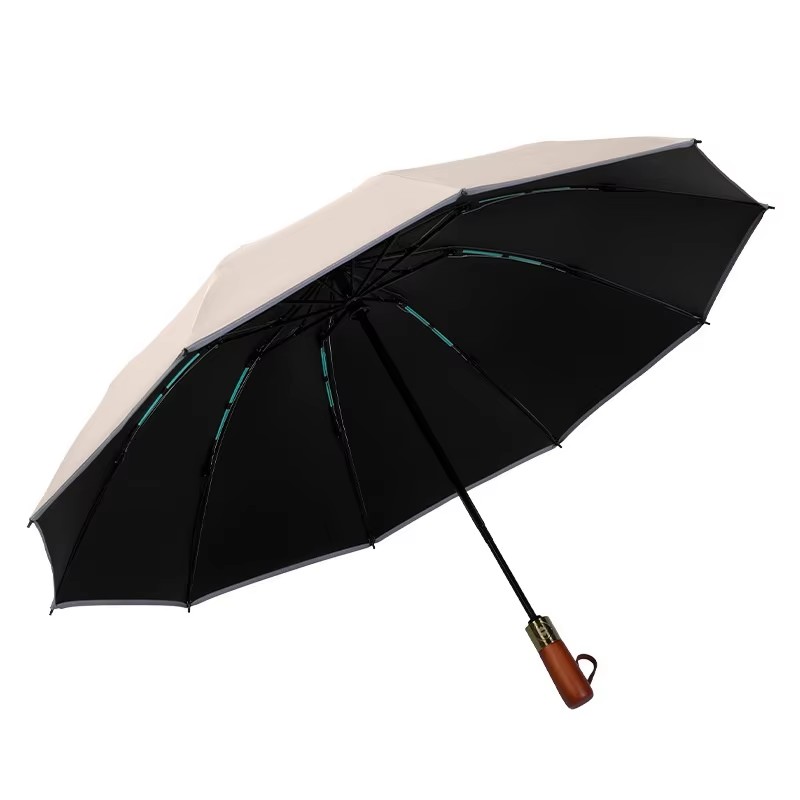 Fully Auto Wooden‑Handle Reverse Folding Umbrella, Black‑Coated UV‑Protection Reflective