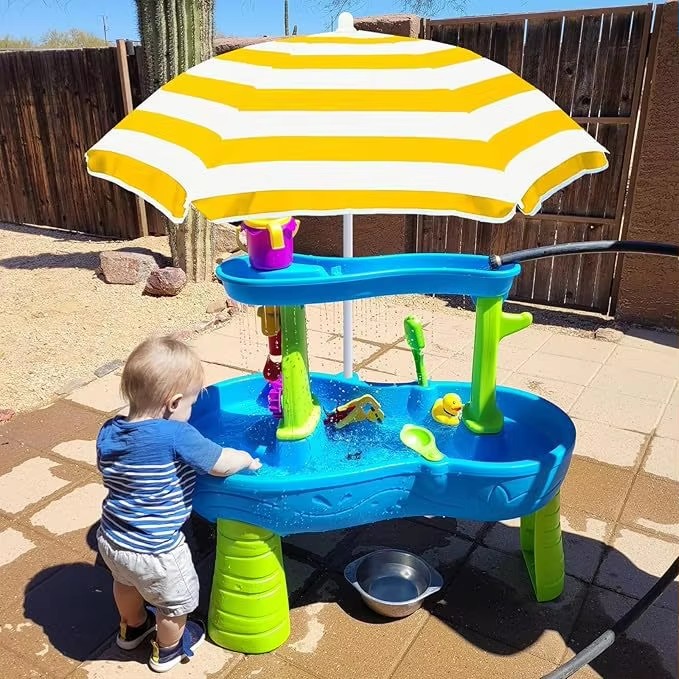 Kids Beach Umbrella Toy Set, sun‑shade blue‑white‑yellow‑green stripes, impact cloth, steel rod for outdoor use