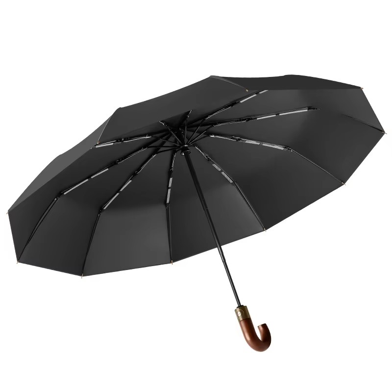 Mens Womens Wooden-Arched Handle Vintage 3-Fold Automatic Storm Umbrella