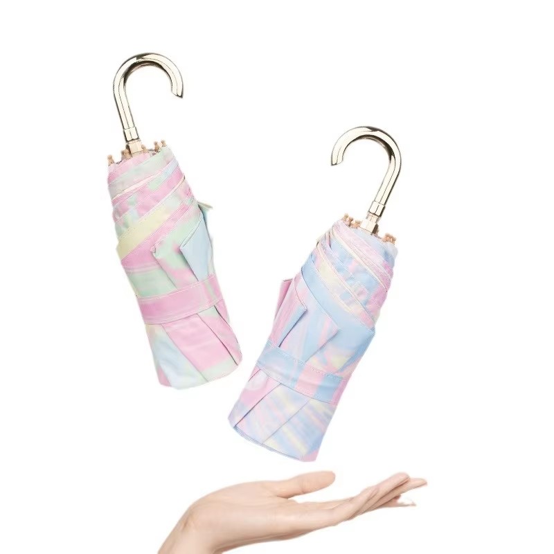 Oil-paint Color-block 8-Rib Cute Parasol, Gold Hook Rubber-coated Compact Folding Umbrella