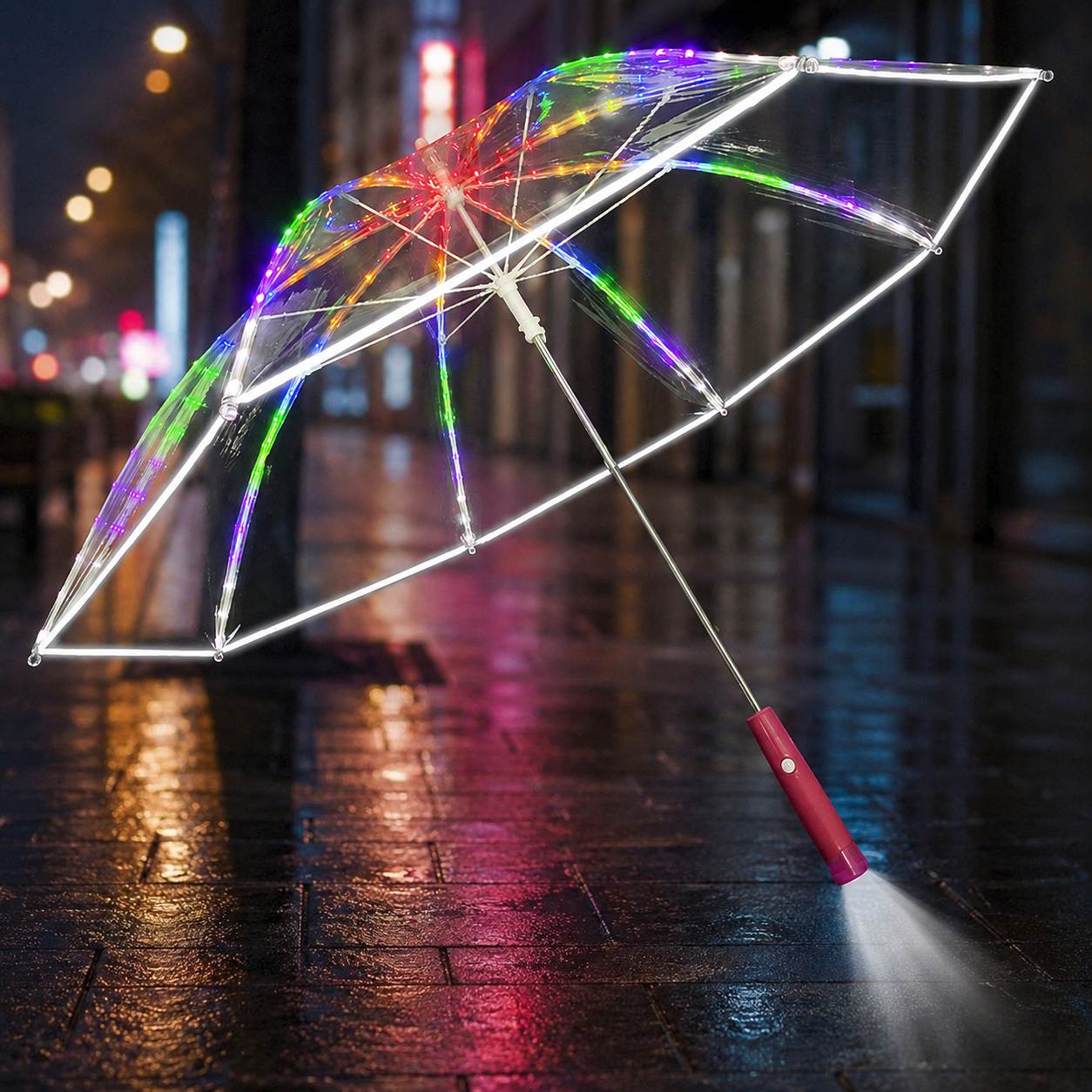 Transparent PVC LED Umbrella with Multicolor Lights and Flashlight