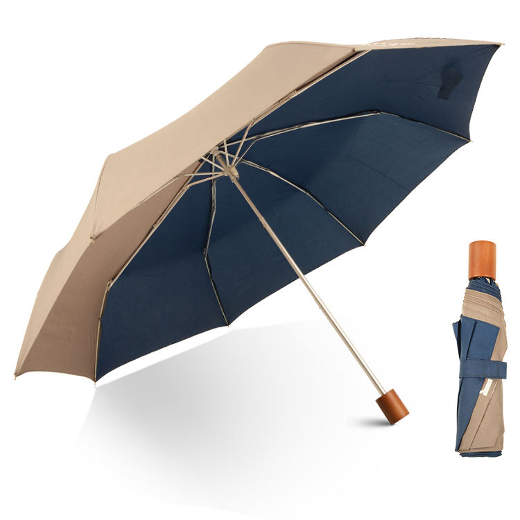 Two-Tone Folding Umbrella with Wooden Handle