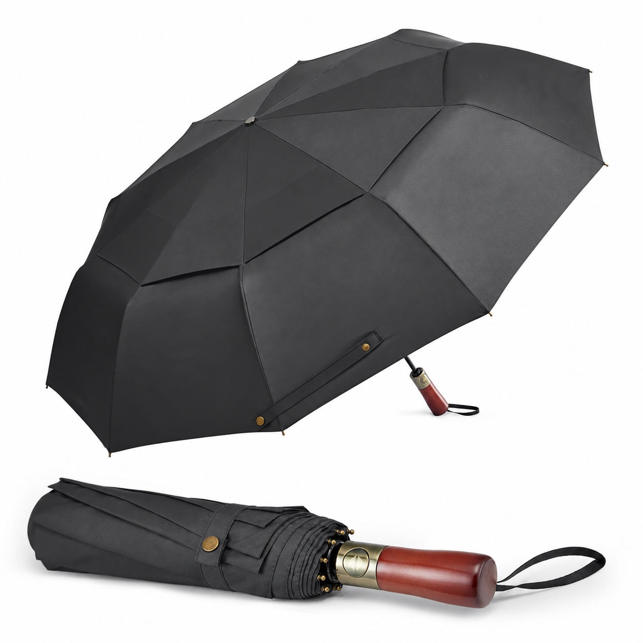 UPF 50+ Auto Open Folding Umbrella with Solid Wood Handle