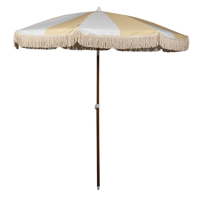 Vintage Striped Beach Parasol with Fringe and Wooden Pole Design